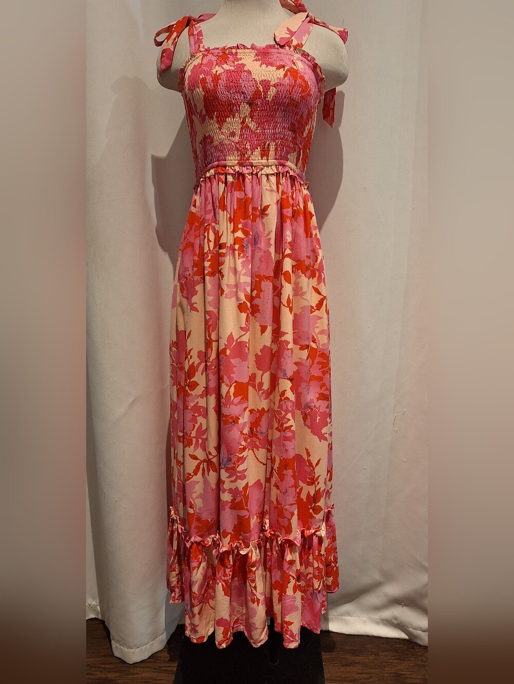 Pinup Fashion Smocked Tie-Shoulder Maxi Dress in Pink & Coral Floral